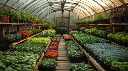 Wall Mural - Lush greenhouse filled with vibrant plants, showcasing diverse greenery and cultivation techniques