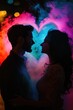 © vefimov - A couple deeply in love with smoke and hearts illuminating the scene.
