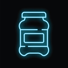 Wall Mural - Bright blue neon glowing outline icon of a glass jar with jam on a black background