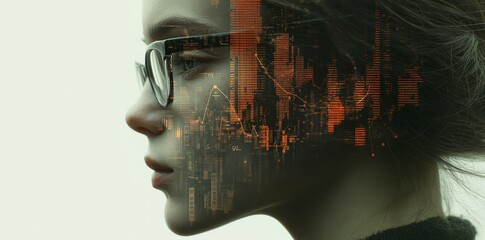 A woman examines a portrait through VR glasses that display a hologram, featuring a glowing virtual headset with a connection, an Earth sphere, and lines