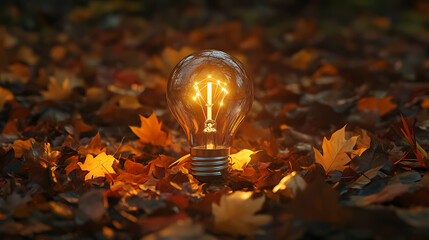 Wall Mural - A light bulb is lit up in a field of leaves. the light bulb is the only source of light in the scene. Light Source. Illustration