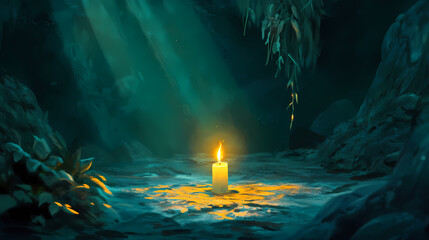 Wall Mural - A small candle with a large flame illuminates the space, dark, light source. Light Source. Illustration