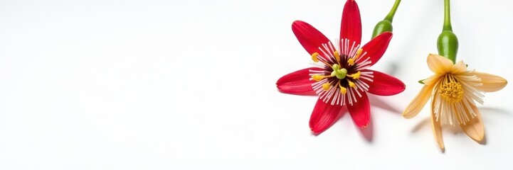 Wall Mural - Two contrasting colored passion flowers, hanging, isolated on pure white background , image, plant