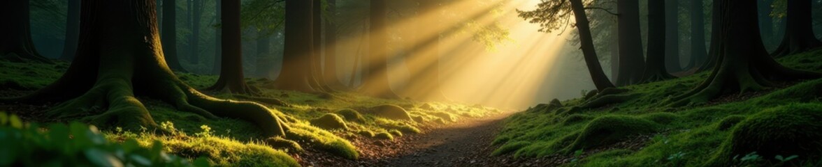 Wall Mural - Sunbeams pierce dark, ancient woods, dappled light on mossy ground, scenery, mystical forest