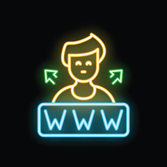 Wall Mural - Neon icon of a young man connecting to the internet, with arrows pointing to his head and the www symbol below