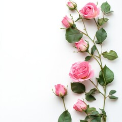 Aufkleber - Pink roses arranged elegantly on a white background showcasing their beauty and freshness in home decor. Generative AI