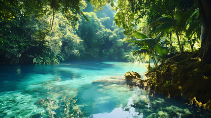 Wall Mural - Serene jungle landscape with clear blue water. Biological Influence. Illustration