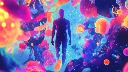 A vibrant illustration of a human figure surrounded by abstract biological forms, showcasing health and vitality in a digital art style. Biological Influence. Illustration