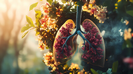 Candid photography of lungs representations in a natural setting, capturing the essence of breath, health, and nature's influence on human life and wellbeing. Biological Influence. Illustration