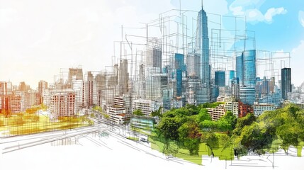Leinwandbilder - city planning with architectural sketch and green landscape, representing sustainable urban development, innovation, and modern infrastructure, Generative Ai