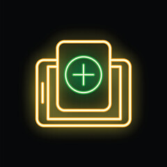 Wall Mural - Bright yellow and green neon icon of a mobile phone showing a focusing symbol on its screen