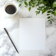 Leinwandbilder - Blank paper, pen, and coffee cup arranged stylishly on marble tabletop with greenery in the background. Generative AI