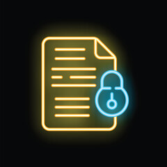 Poster - Glowing neon icon representing a document being secured with a lock, symbolizing data protection