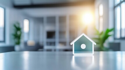 Fototapete - Digital smart home concept with a modern, futuristic house icon in a bright interior setting, representing real estate technology, automation, and contemporary living, Generative Ai
