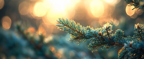 Sticker - Sunlit pine branch, forest bokeh, winter sunrise, nature wallpaper