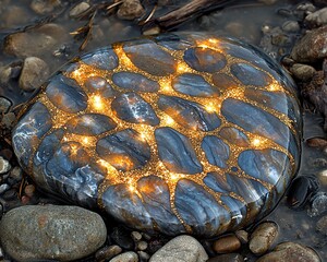 Canvas Print - Glowing river rock, gold veins, water, nature, fantasy, background