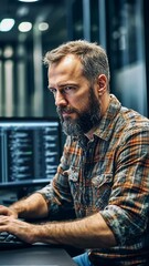 focused programmer working in a modern office environment with multiple computer screens during the 
