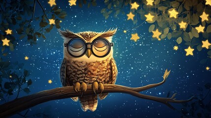A cartoon owl with large glasses perched on a tree branch at night, surrounded by stars