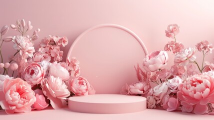 Wall Mural - A stylish pink pedestal podium surrounded by delicate pastel flowers. The soft floral arrangement and circular backdrop create a luxurious setting for product presentation