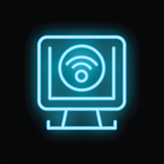 Wall Mural - blue neon computer icon with wifi symbol glowing on black background