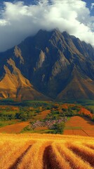 Wall Mural - Majestic Mountain Landscape with Golden Wheat Fields, Verdant Valley, and Dramatic Cloud-Covered Peaks under Blue Sky in Serene Autumn Environment