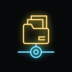 Wall Mural - bright neon folder icon connecting to a network, sharing files