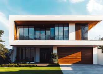 Wall Mural - Modern two-story house exterior design in Thailand with white walls and brown color, large glass windows, balcony on the second floor, front view, concrete garage door with green grass at ground level