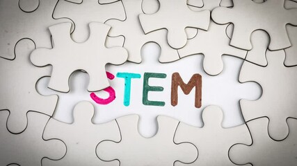 Stem. Revealing the word by removing the puzzle pieces. Stop motion, 4K