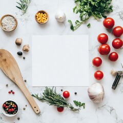Aufkleber - Fresh ingredients arranged on a marble countertop for meal preparation with a wooden spoon and blank recipe card. Generative AI