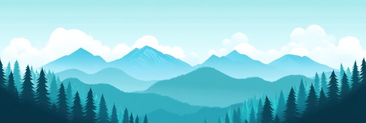 Fototapete - Mountain landscape with pine trees and soft clouds in a serene blue atmosphere during the day. Generative AI
