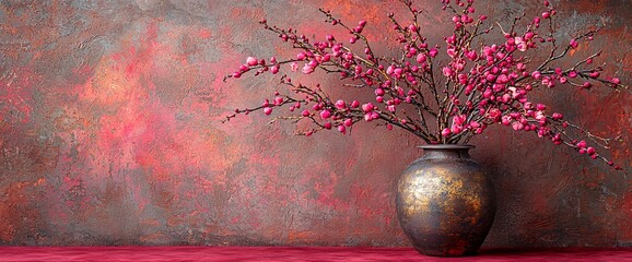 Poster - Pink blossoms in vase, textured wall, red table, spring decor