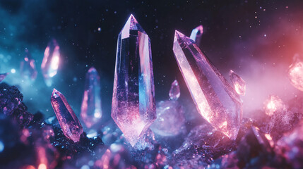 Wall Mural - neon crystal shards floating against a dark cosmic backdrop.