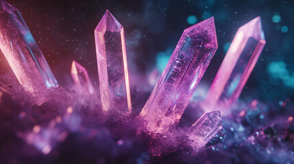 Wall Mural - neon crystal shards floating against a dark cosmic backdrop.