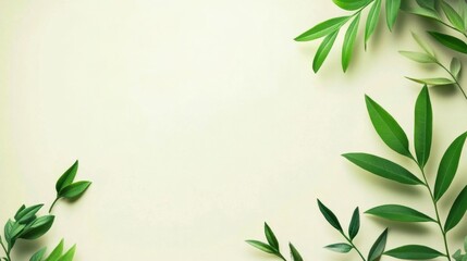 Fototapete - Green leaves border a soft beige background creating a calming and natural atmosphere for design projects. Generative AI