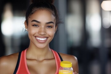 Poster - Woman is smiling and holding a bottle of juice