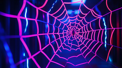 Neon spiderweb design illuminated on a shadowy background. 
