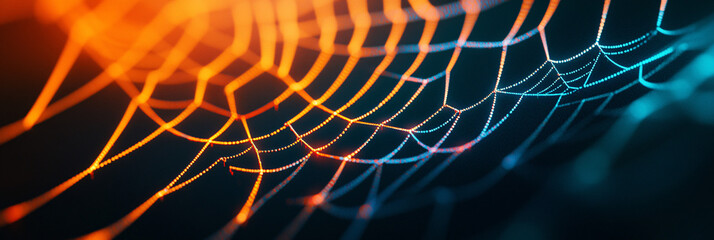 Neon spiderweb design illuminated on a shadowy background. 