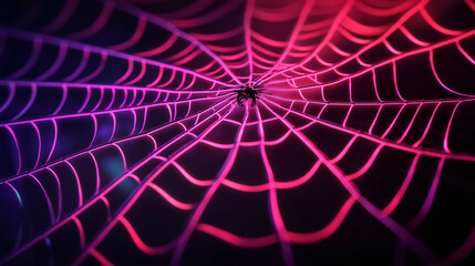 Neon spiderweb design illuminated on a shadowy background. 