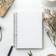 Aufkleber - Blank notebook with writing tools and flowers on a light background in a cozy indoor setting during daytime. Generative AI
