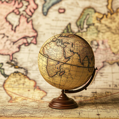old geographical globe on map background. science, education, travel, vintage background. history an