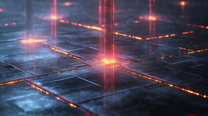 Intriguing abstract image of a futuristic, glowing grid.  Cyberpunk style with a central beam of light illuminating a dark, metallic surface.