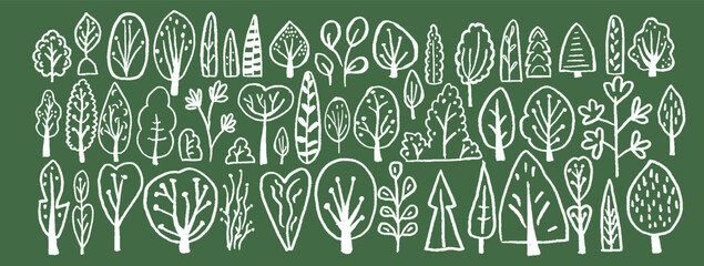simple naive vector illustration of winter forest with tree silhouette, pine, fir, branche. white ou