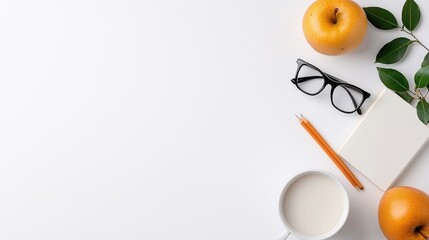 Wall Mural - Flatlay Apples, glasses, notepad, pencil, and coffee on white background