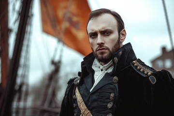 Wall Mural - Man in a black coat and a white shirt stands in front of a flag, ship captain