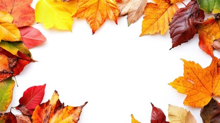 Fototapete - Colorful autumn leaves arranged as a border with a blank space for creative designs and text. Generative AI