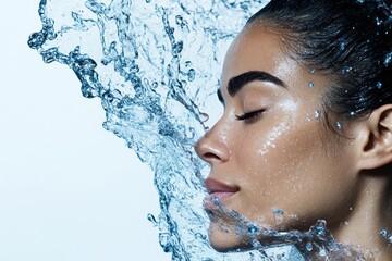 Woman is in a shower with water splashing all over her face