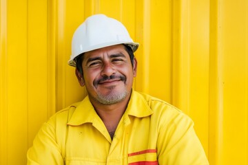 Wall Mural - Man in a yellow shirt and white hat is smiling