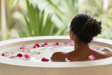 Wall Mural - Woman is sitting in a bathtub with pink flowers in the water