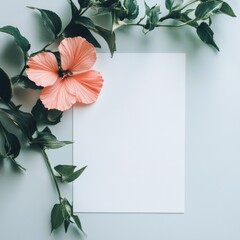 Poster - Floral arrangement with a blank sheet of paper surrounded by greenery on a light background. Generative AI