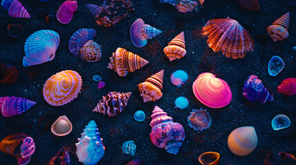 Wall Mural - vibrant neon seashells scattered on a dark beach backdrop.